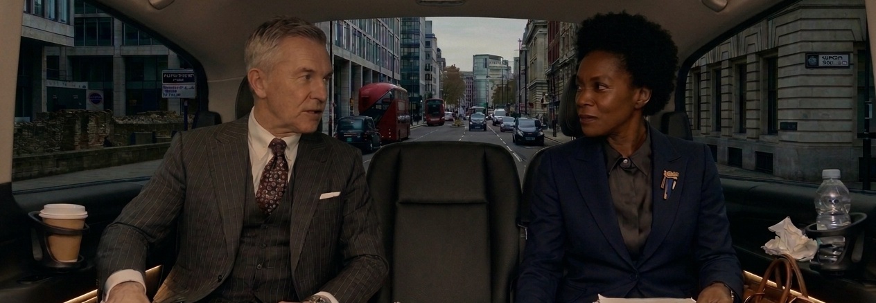 Two business colleagues talking in the back of a chauffeur-driven car in central London
