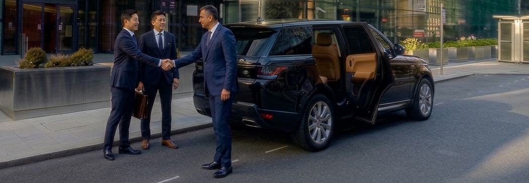 Executive chauffeur greeting business clients beside a luxury SUV in central London