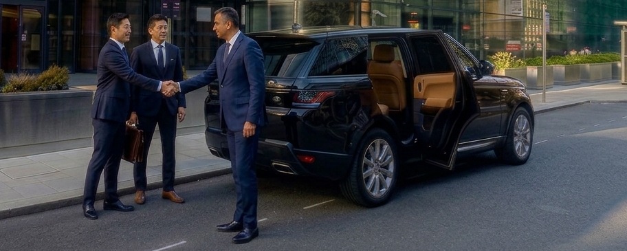 Executive chauffeur greeting business clients beside a luxury SUV in central London